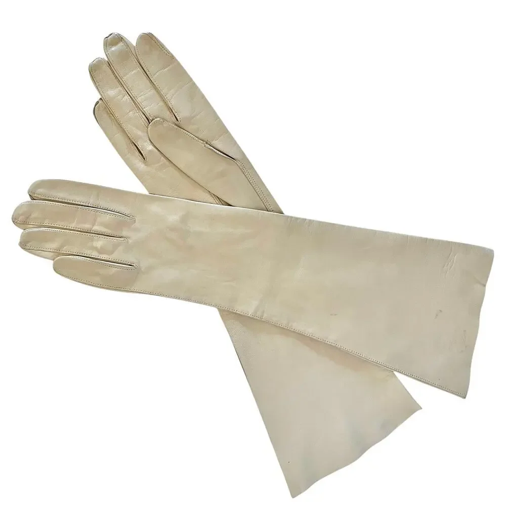 Vintage Kidskin Bone White Italian Leather Forearm Long Evening Gloves Sz 6/6.5